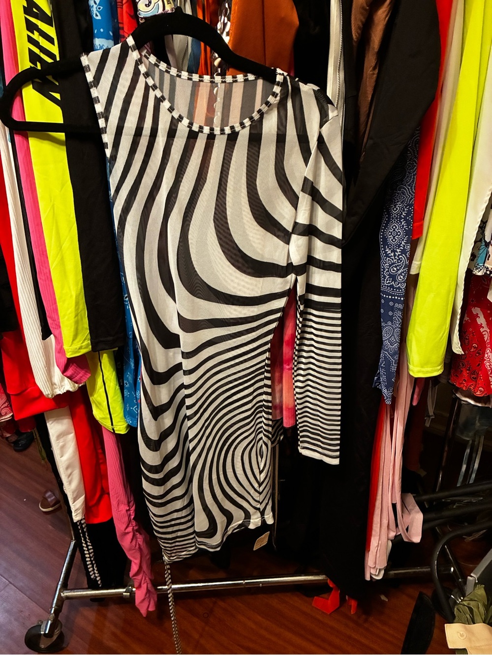 Black & White Zebra-Stripe Long Sleeve Mesh Dress